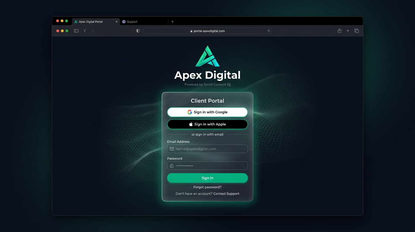 Branded client portal login page showing custom agency branding